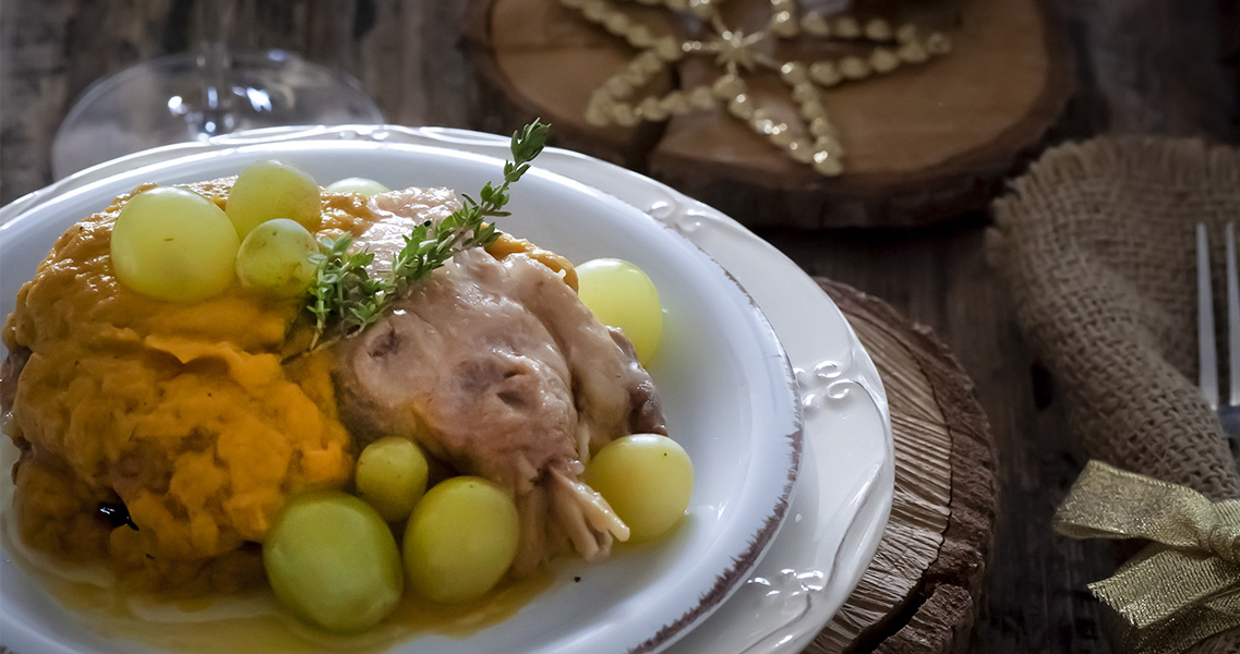 Ànec mut del Penedès amb cava i raïm
