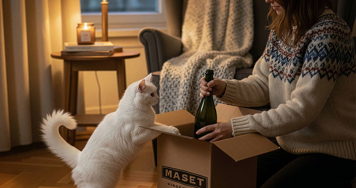 Ilustración de un repartidor de la bodega recogiendo las botellas de cava a casa de una clienta