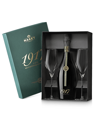 Cava 1917 in individual box with 2 glasses from Winery